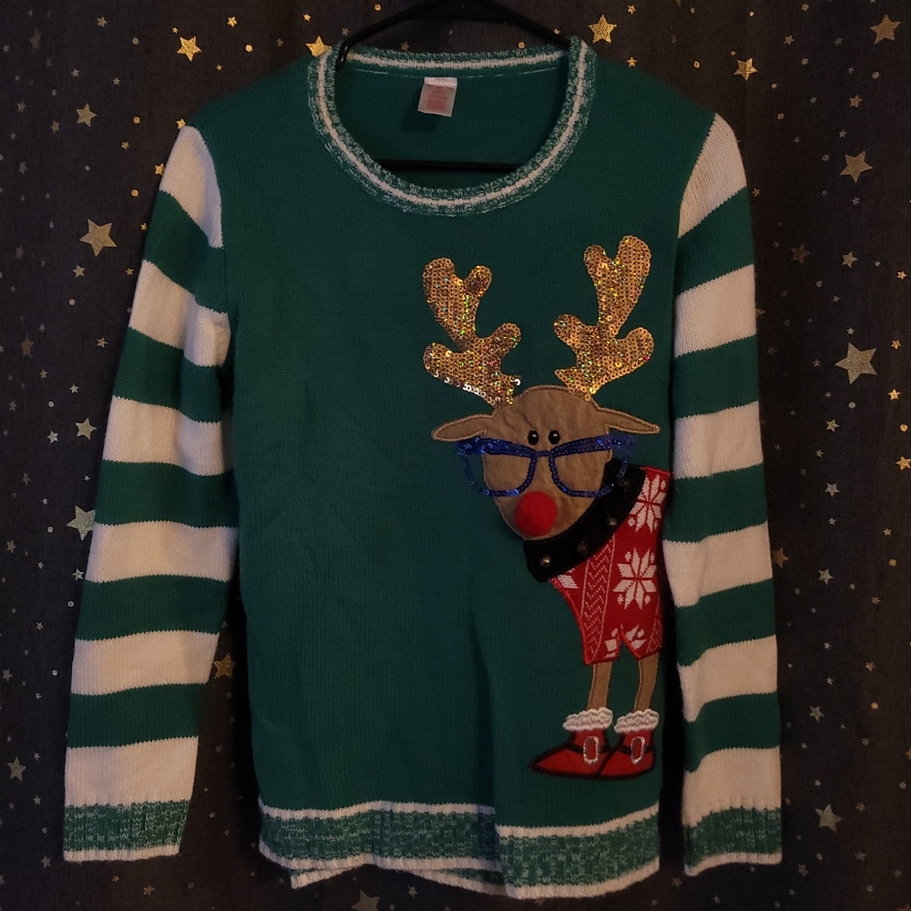 Holiday Time | Green Festive Reindeer Sweater Medium